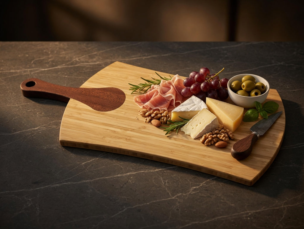 The Artisan, Charcuterie / Cutting board, Bamboo with Sapele inset handle. Large